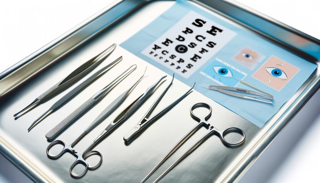 A metal tray with surgical tools, an eye chart, and diagrams of eyes.