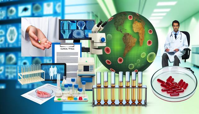 Collage of medical imagery: doctor, pills, microscope, test tubes, clinical trials document, and digital screens.