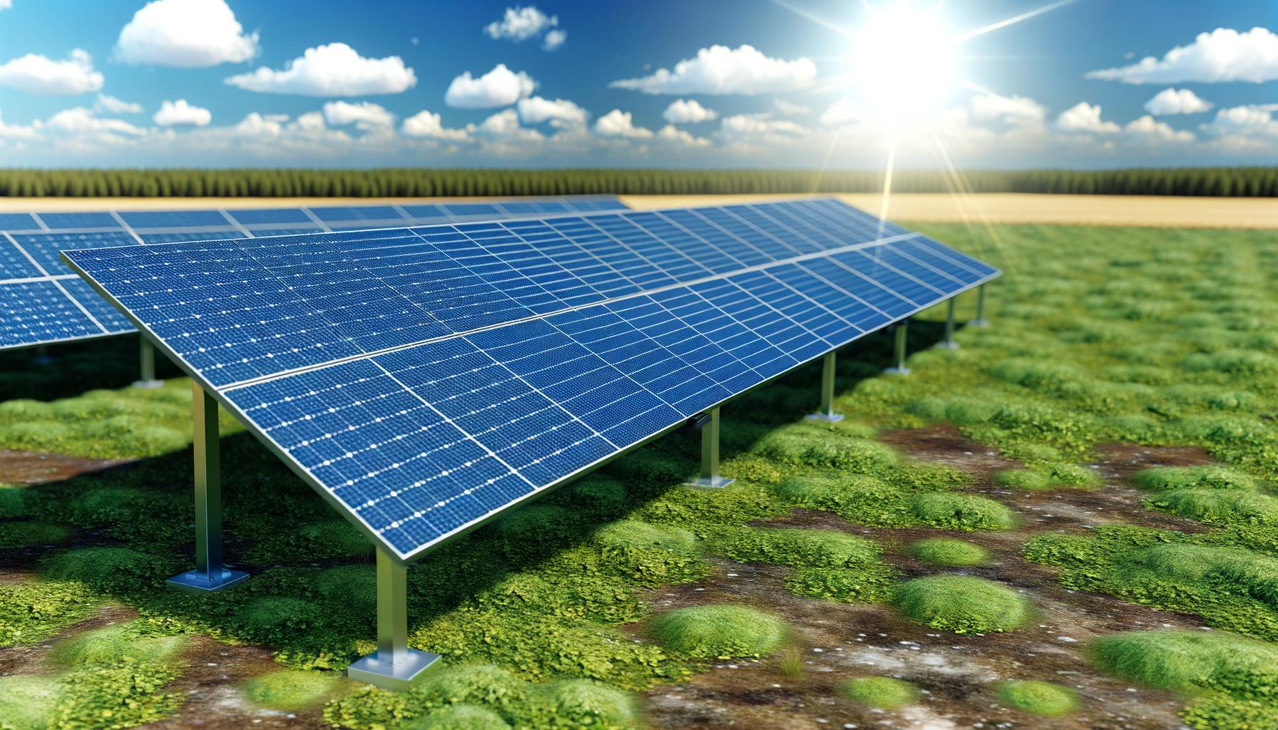 Solar panels in a grassy field under a sunny sky.