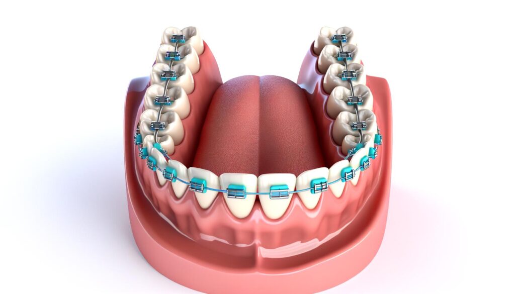 Illustration of teeth with braces on the upper jaw and visible tongue in a dental model.