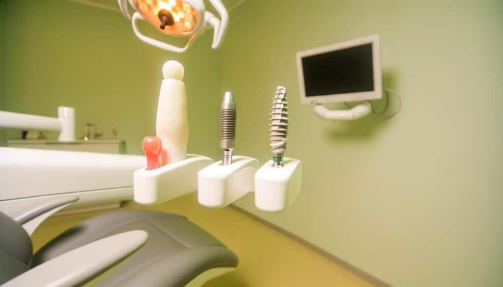 Dental tools with implants on a holder in a green-walled dental office.