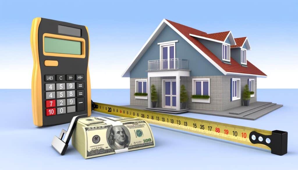 A calculator, stack of money, and tape measure in front of a house.