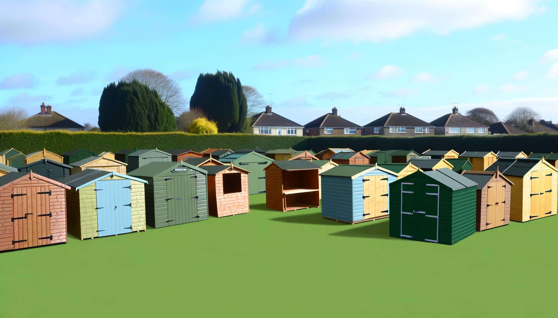 A group of colorful wooden sheds on a grassy field with trees and houses in the background.