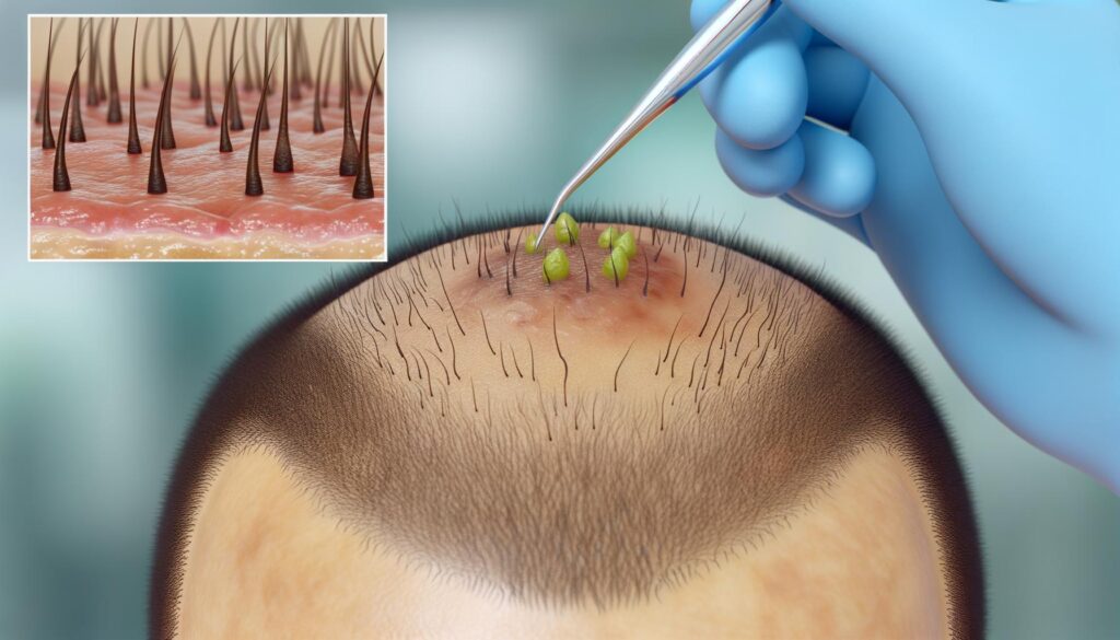 A gloved hand uses forceps to implant green sprouts on a partially bald scalp; inset shows a close-up of healthy hair follicles.