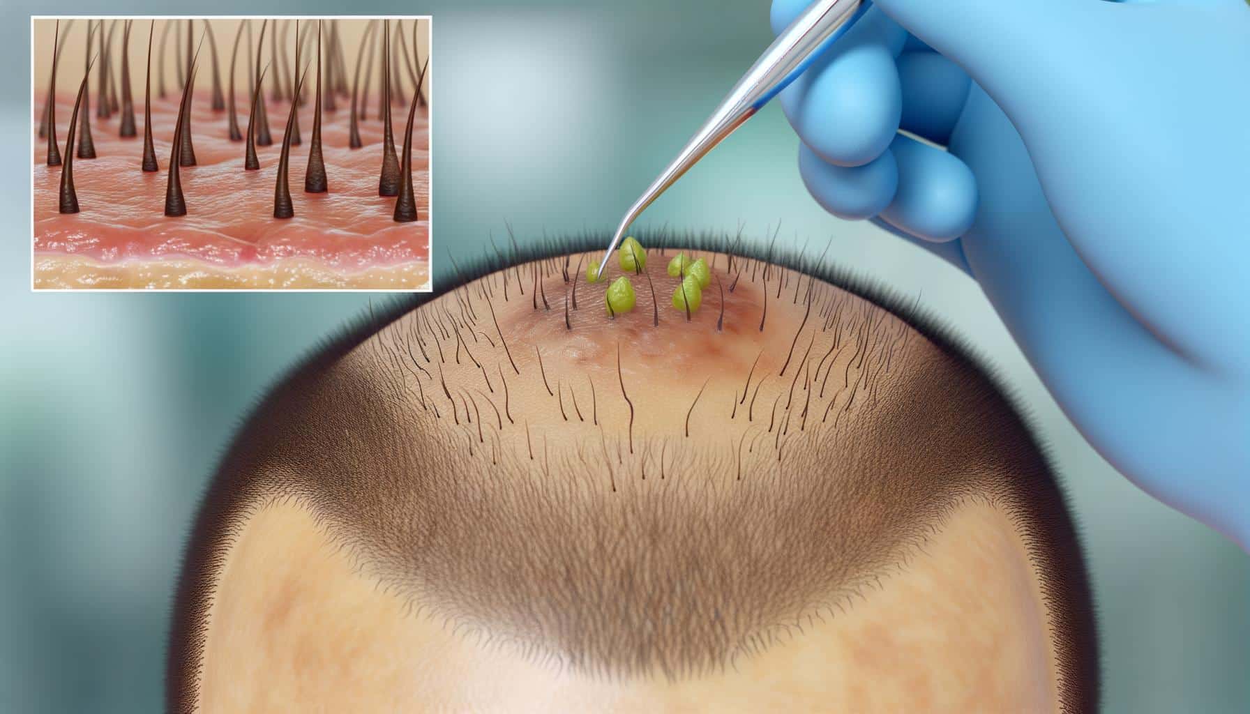 A gloved hand uses forceps to implant green sprouts on a partially bald scalp; inset shows a close-up of healthy hair follicles.