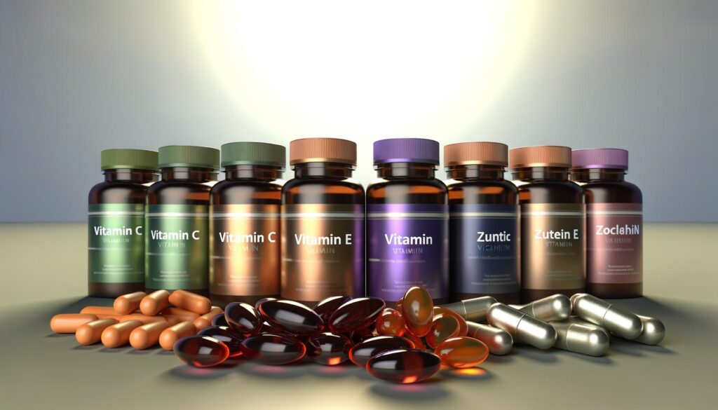 Bottles of vitamins and supplements with different colored capsules and softgels in front.