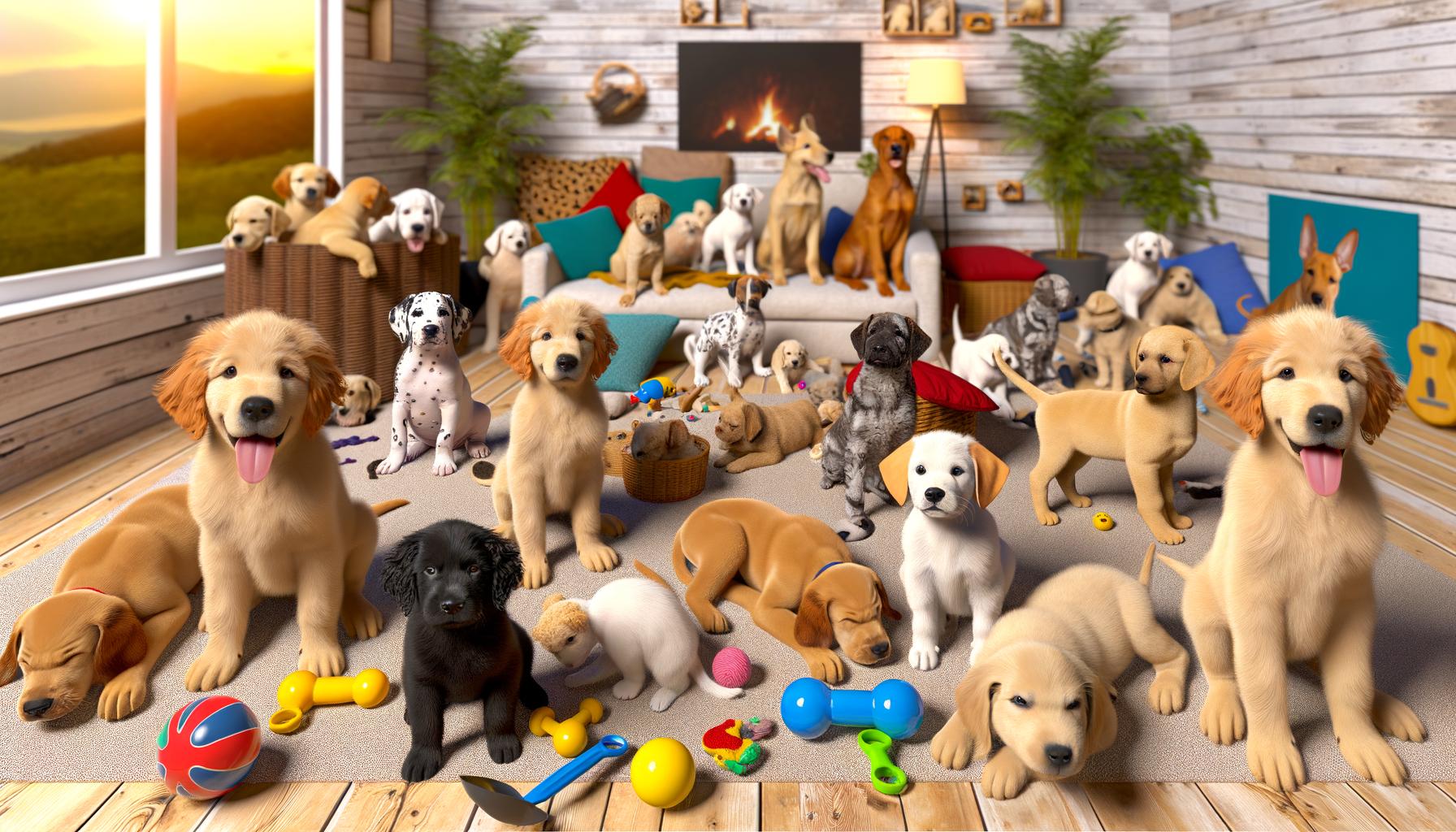 A cozy room filled with various puppies playing with toys, against a sunset backdrop.