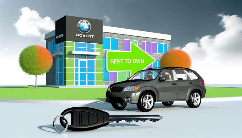 Car dealership with a "Rent to Own" sign, a parked black SUV, and a car key in the foreground.