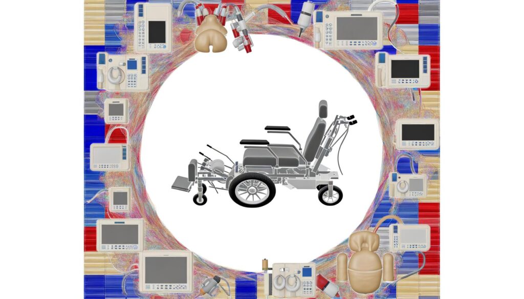 A medical chair surrounded by various medical devices and equipment, with colorful lines connecting them.