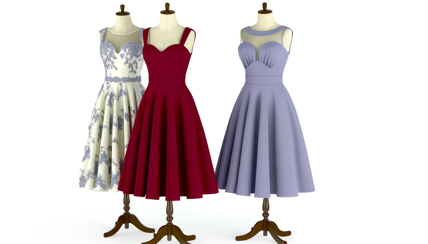 Three elegant dresses on mannequins: one white with blue lace, one red, and one lavender with sheer detailing.