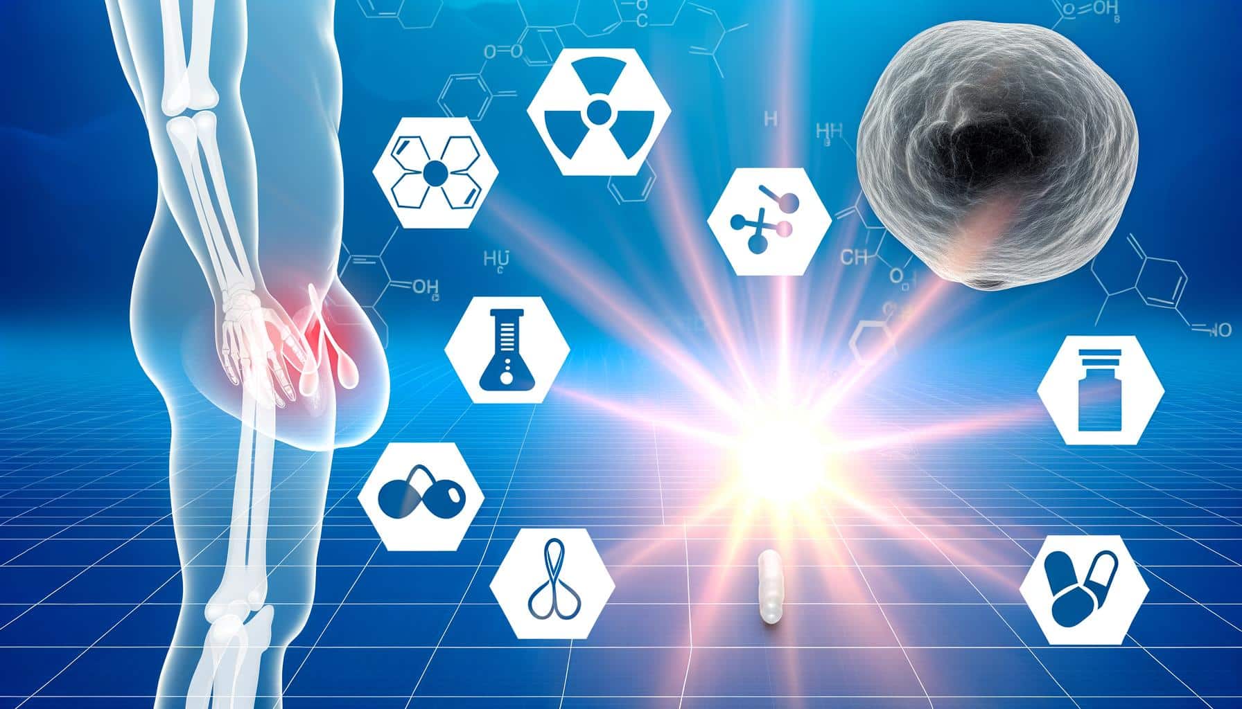 A medical concept image with a human skeletal silhouette, chemical symbols, a large cell, and a glowing pill.