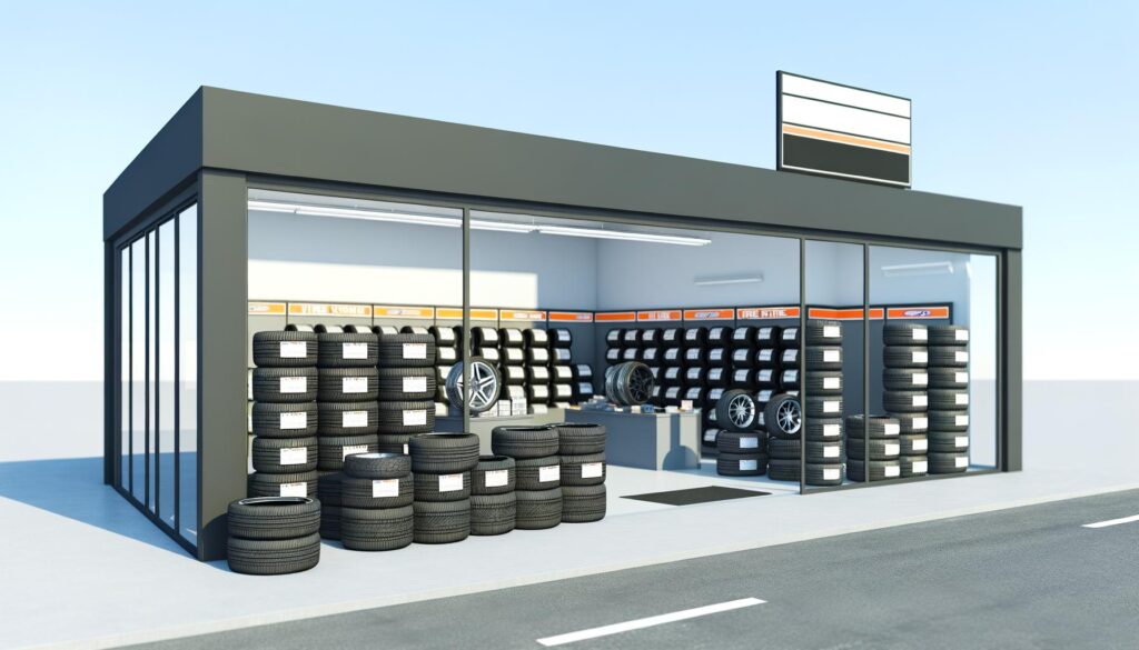 A tire shop with rows of stacked tires and rims on display inside and outside.