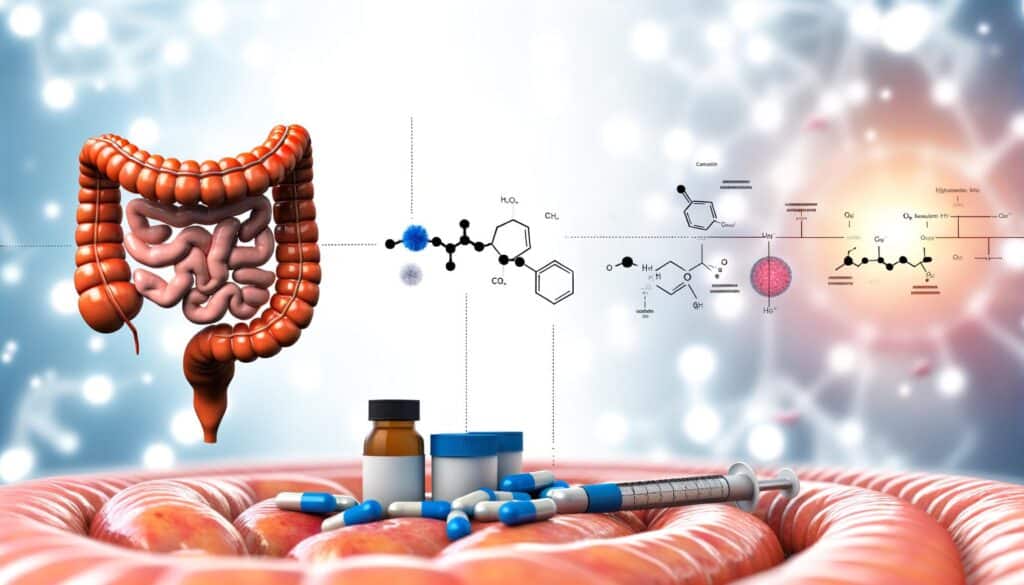 Diagram of intestines, molecular structures, pills, and a syringe on shiny surface.