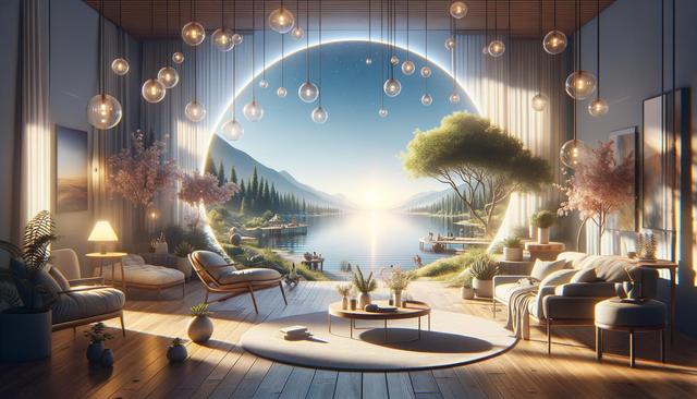 A cozy room with hanging lights opens to a serene lakeside view at sunrise through a large circular window.