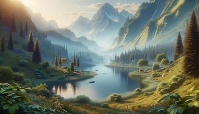 A serene mountain scene with a river, boats, trees, and misty peaks in the background.