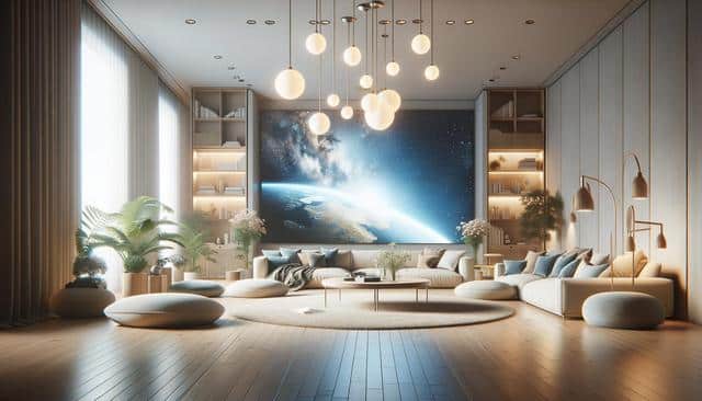 Modern living room with a large Earth mural, round light fixtures, plants, and cozy seating.