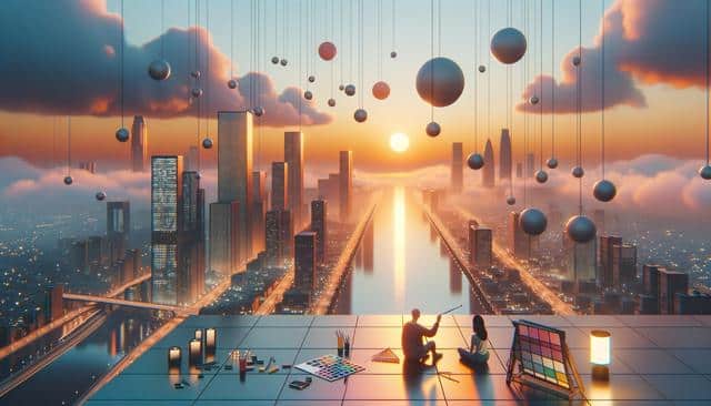A futuristic city skyline with large floating spheres and a river, seen at sunset. Two people sit on a ledge, surrounded by art supplies.